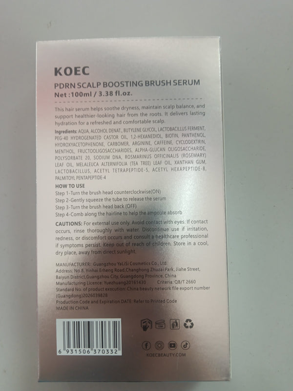 Reverso de la caja del sérum KOEC PDRN, con los ingredientes y el modo de empleo en inglés